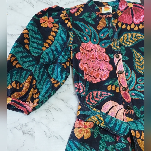 FARM Rio Black Floral Print Flowerdoscopic Puff Sleeve Midi Dress, Size XS - Picture 6 of 12